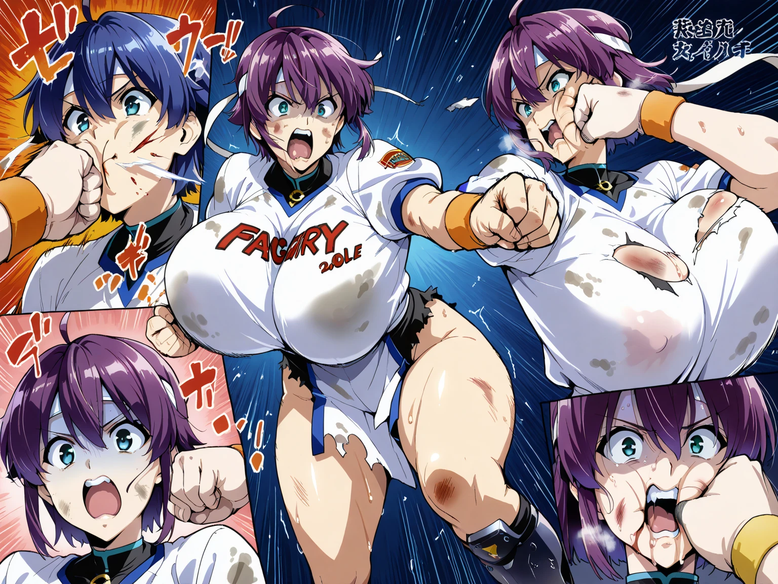 score_9, score_8_up, score_7_up, source_アニメ, sakimiya iruka, red hair, green eyes, one side up, medium hair, green scrunchie, hair ornament, shiny skin, rating_explicit, big breasts, large ass, Race Queen, black pantyhose,(embarrassed, shocked),(tears:1.3), open mouth, shout,(sweat:1.2),(steam on body, heavy breathing), (trembling:1.5), drooling, bouncing breasts, unaligned breasts,(motion lines:1.4), (motion blur:1.6),(pussy juice, Squirting:1.4), (arched back:1.2), looking up, navel, groin, clitoris, pussy peak, man standing, hetero,(troll:1.2), (1man, vaginal penis, open legs:1.2),(huge penis:1.7), (hip grab:1.2), チンポで腰を浮かせる,(cum in pussy:1.5), excessive cum, (facial, cum on hair:1.2), cum string, pole dance, on stage, (from below:1.3)