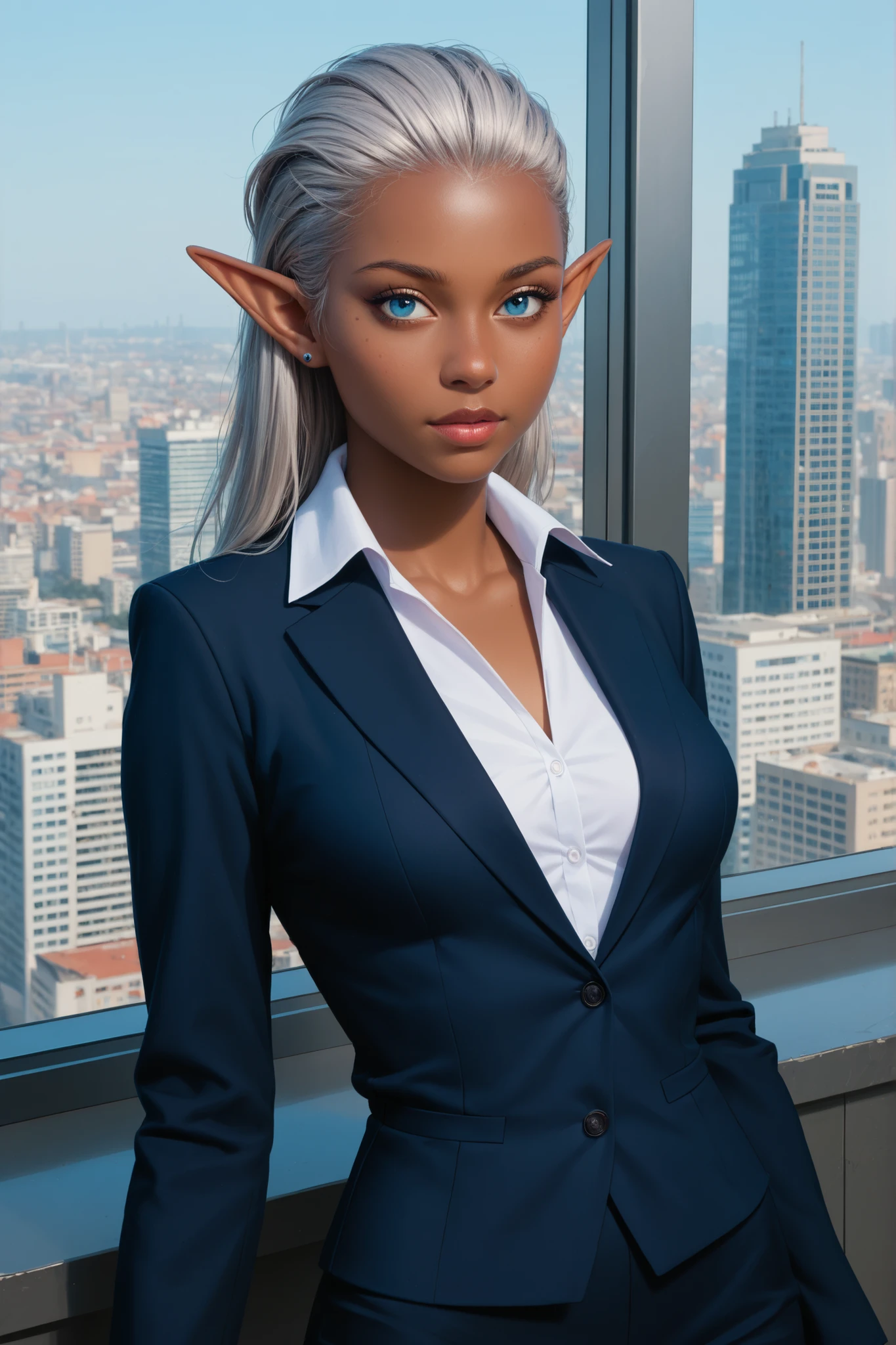 ((Dark skin)) , ((white hair)) , ((short hair)), close up shot, ((elf ears)) , ((red eyes)), seductive smirk, wearing a white button up top, wearing pencil shirt, wearing black heels, plump lips, eyelashes , thick, curvy , ((masterpiece)), solo, 1girl, in a business office, holding a clipboard, see through shirt, sitting at desk , viewer has a up skirt view