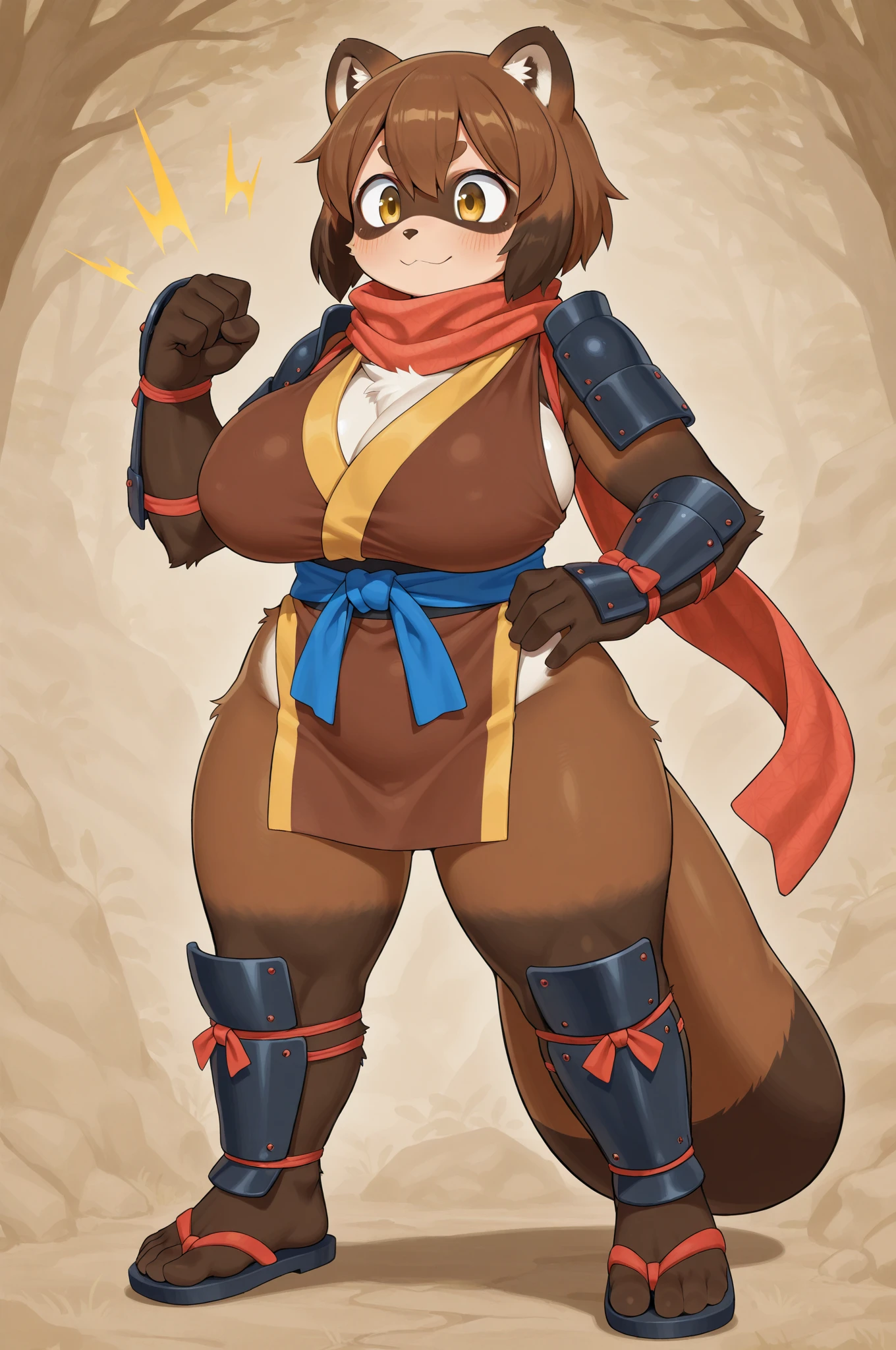 Solo, Score_9, score_8_up, score_7_up, kemono style, Kimiko, An Anthro furry black panda girl, black furry body, black panda tail, , black nose, black hair, green highlights, shoulder length hair, twintails, green goggles over eyes, slightly pudgy, green sleeveless vest, rope belt, martial arts belt, dark green pants, brown armor around side of legs, wrappings around hands, wrapping around feet, brown staff, huge butt, huge breasts, goggles on eyes, blushing face, goggles on eyes, armor on waist, hands together, holding staff two hands, full body shot, long legs