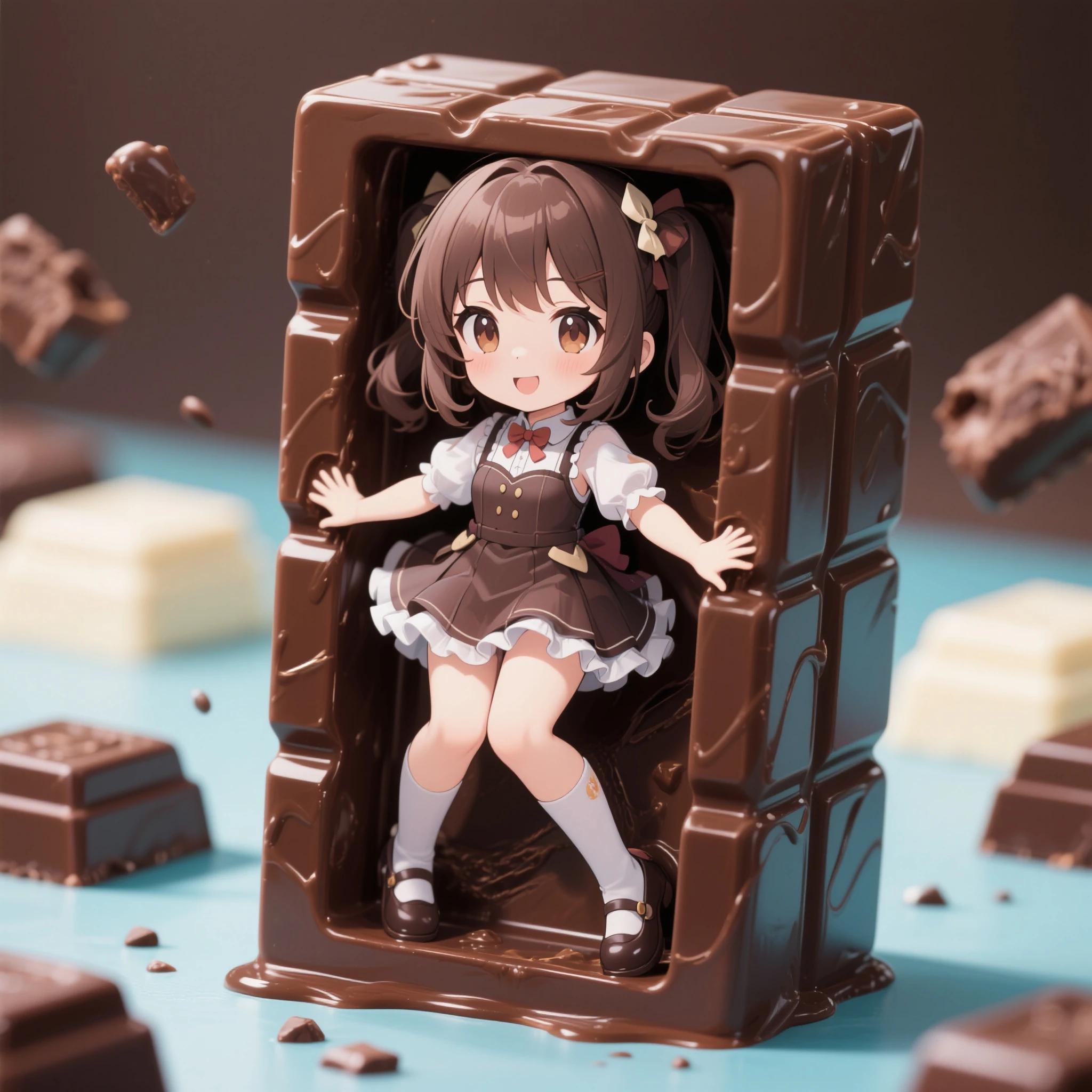 Anime style Masterpiece, best quality, ultra-detailed, vibrant, very aesthetic, high contrast, semrealistic, newest, 1girl, solo, a beautiful anime girl encased in a chocolate block in a cute pose 