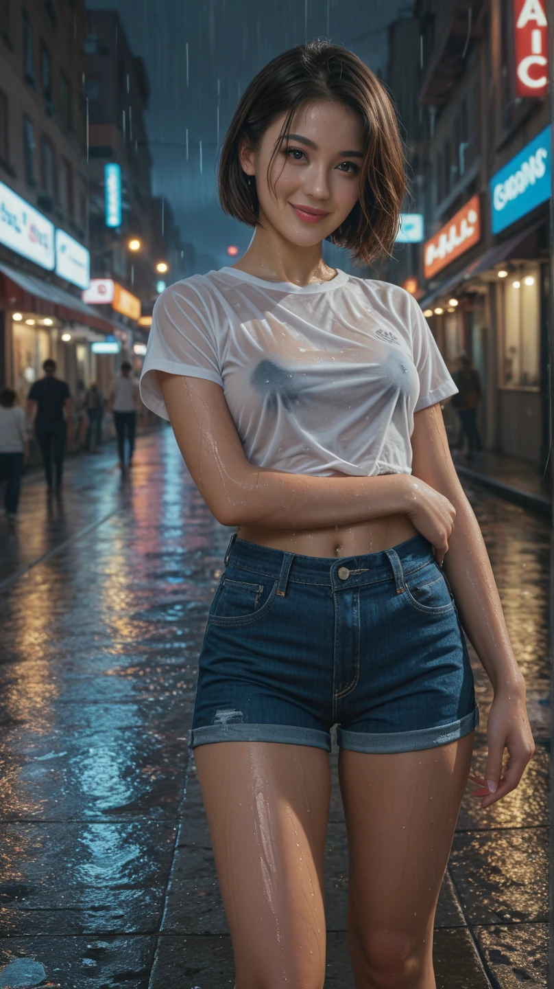 1 Japanese beautiful girl,28yo girl, Super beautiful detailed face, (smile:1.4), earrings, (brown medium straight hair style:1.4, bangs),(front view), (medium shot), (chubby body), (neutral-colored large areola),nipples, BREAK, masterpiece, best quality, ultra quality, high quality, realistic, photo realistic, RAW photo, hyper detailed, intricate detaile,(crowded street:1.3),cinematic lighting,(denim shorts),(no bra),wetshirt,white T-shirt,wet hair, ((dark cloud and sky)), raining, (rain filtered), (rain splashes in water),(lightning:1.4),(raindrops:1.1),(downpour:1.2),(raining:1.3),(nipples poking through shirt),