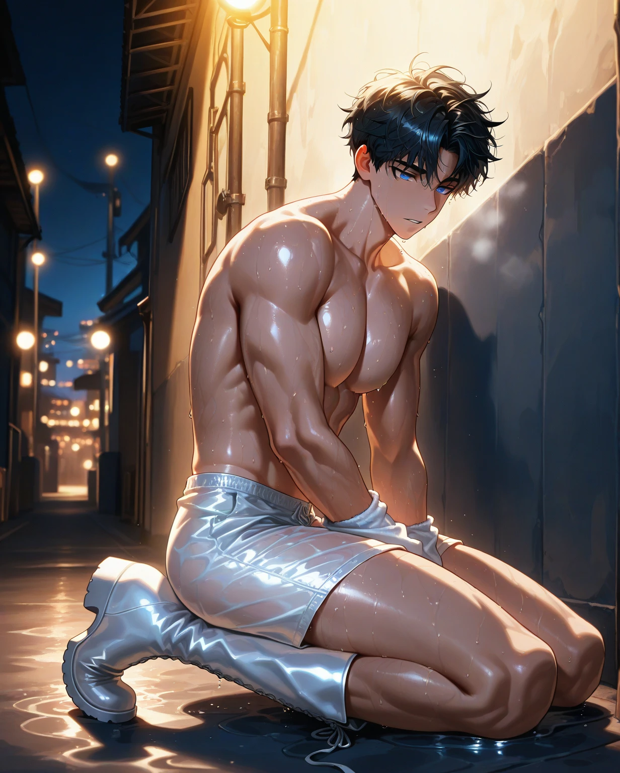 (((1 guy))),((extremely cute and beautiful boy)), watercolor, Peter Pan examines the buttocks of a 17-year-old Brazilian boy,(((big ass))),((curly hair,short hair))),(((tanned skin,shiny skin,very shiny body,plastic shiny skin,exaggerated ,lit skin,wet legs))),detailed body,cute,slutty,seductive,erotic,(((NFV))), revealing clothes,((rave mini shorts,white loose tank top)),((wet clothes,complicated outfit,complicated clothes)), (dynamic pose:1.0),embarrassed, by the ocean at night, dark storm clouds and puddles, landscape:1.25, (extremely detailed CG unity 8k wallpaper),( ((bright colors))),(complex background),(masterpiece),(Best quality)