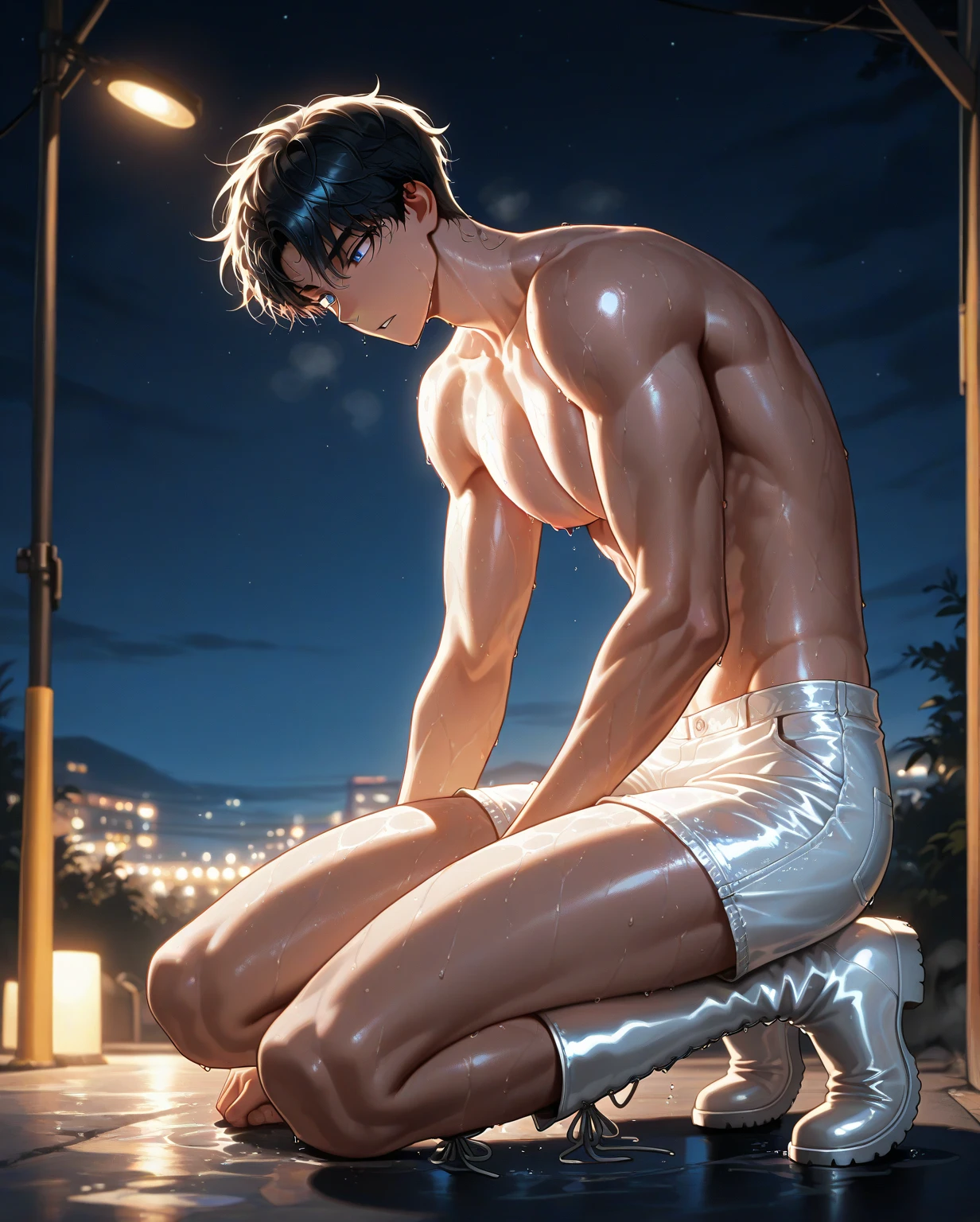 Full body, many used condoms lay on his body, Brown hair, Fluffy bubble chest exposed, Shirtless exposing his sexy hairy chest, SHY, sensual, cute, BLUSHING, SHY EXPRESION, WEaring only WHITE SHEER THONG, Shota, blushing face, lying down on wet dirty street, fluffy chest, very dirty floor, very wet body, Hairy stomatch, very hairy abs, Very bushy hairy armpits, hairy pubic, hairy crotch, Super Realistic photography, PROUDLY SHOWING OFF HIS BODY, Cute teen student Wearing wet thong, NO PANTS, armpits eXPOSED, Very wet body, very wet, pantless just wearing soaked white thong, Showing off his very hairy armpits, Slim fit body, teenager, very cute boy face, 15 years old boy, Very young teenager boy, LAYING DOWN in the middle of dirty wet street, dickprint, Sweat dripping all over the body, Proudly showing off his sweaty very hairy armpits to audience, The colors are bright and vibrant, enhancing the overall aesthetic. The lighting is soft and natural, casting a soft glow on the boy, don't merge body's, detailed eyes and lips, sixpack and fit body. Image quality is of the highest standard, with ultra-detailed features and a realistic appearance.