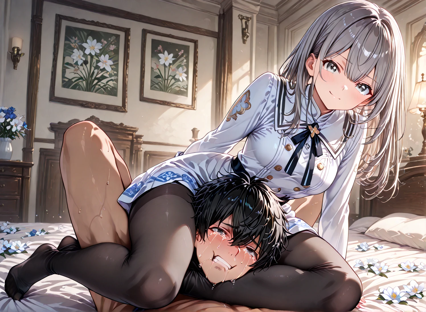 NSFW,One girl,nao tomori,Love Hotel at Night,(Perfect hands),(Perfect Anatomy),(masterpiece),(highest quality),Embarrassed,blush,Leg spread,(Absent-minded face:1.8),1 middle-aged male,(Having sex:1.5),Roll your eyes、squint,Open your mouth、Stick your tongue out,Lying down,Lying on your back,(Sweat:1.5)