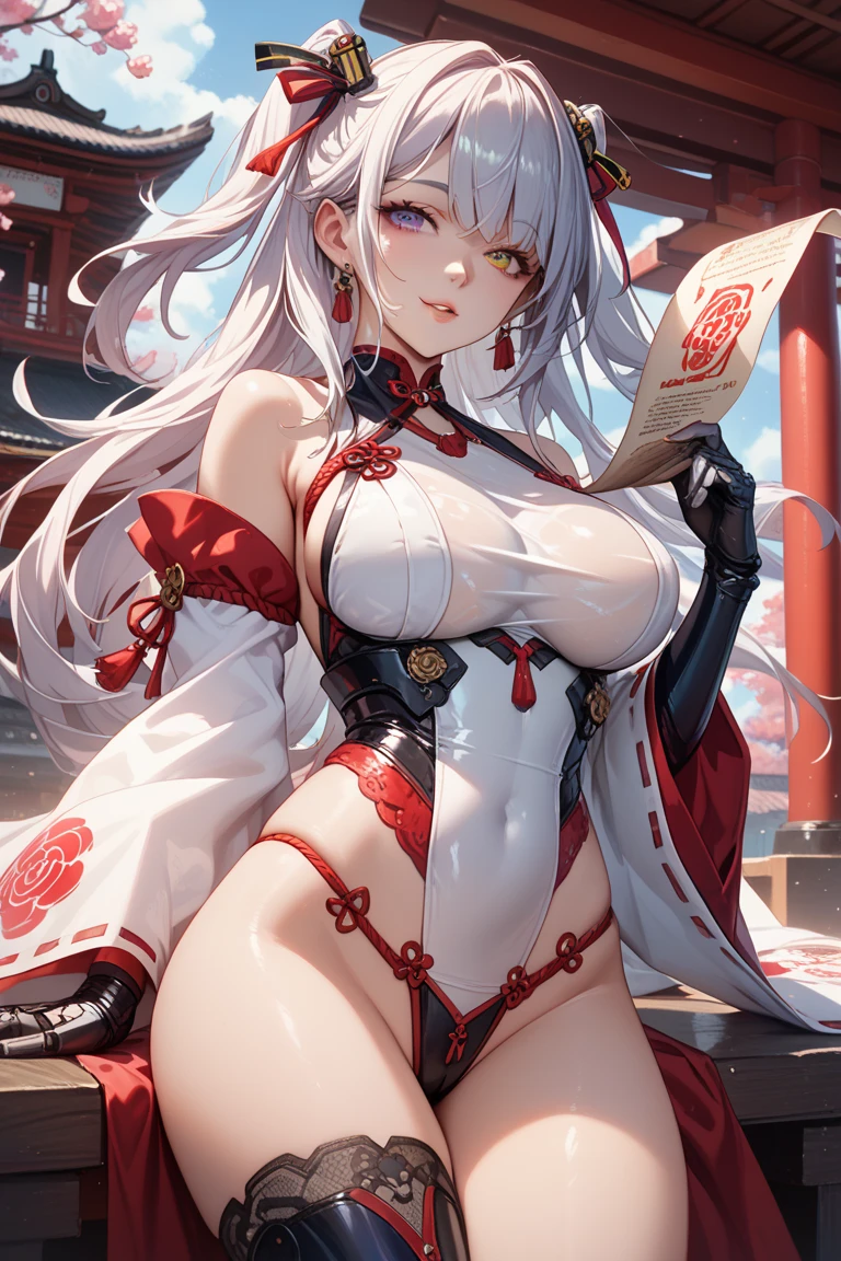 a very feminine japanese anime girl in some very provocative undies, 1girl, solo, breasts, stomach, smile, navel, twintails, long hair, thigh strap, blue eyes, looking at viewer, bare shoulders, long sleeves, grin, open clothes, underboob, gigantic breasts, paper lantern, thighs, pelvic curtain, off shoulder, white hair, lantern, chinese clothes, halo, floral print, very long hair, cup, sleeveless, standing, groin, (windy:1.4), skirt lift