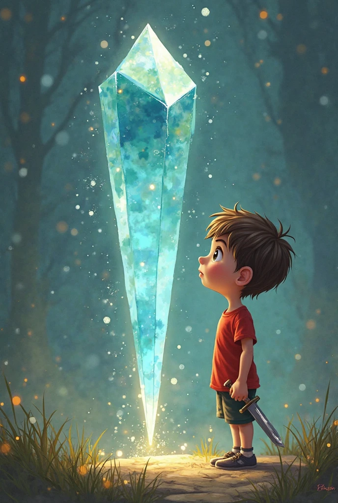 a boy with black hair, black eyes, wearing a blue shirt and white shorts and white sneakers with a toy in his hand, singing the song as the rock opens and the Crystal is released.