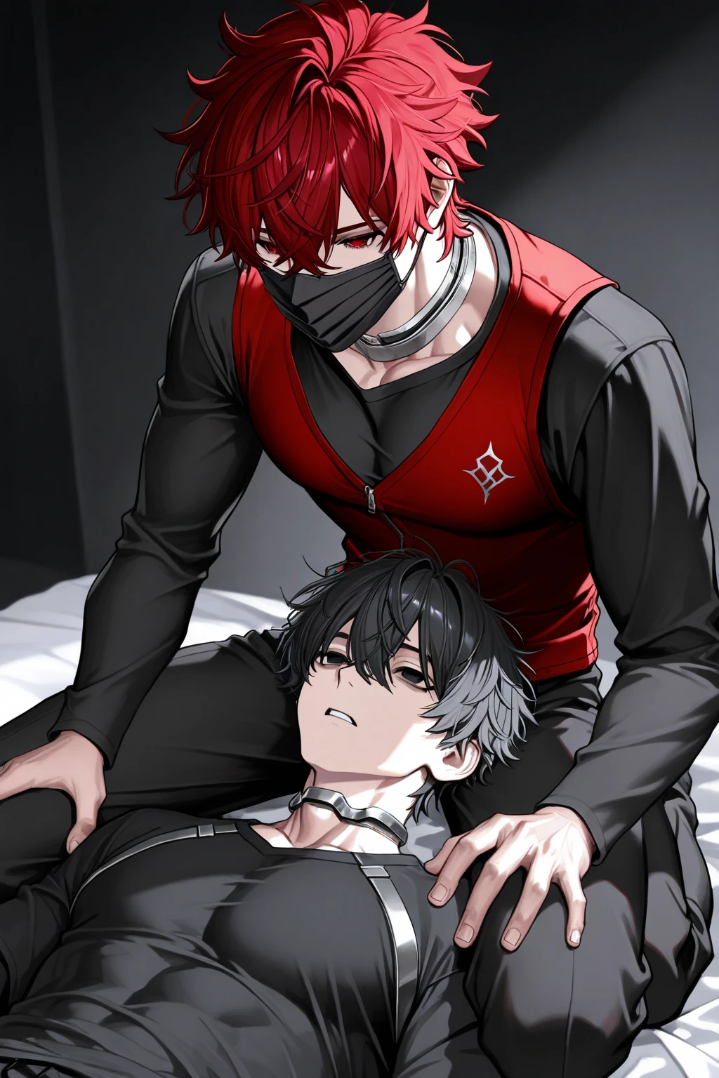two male sleeping,full body,sadness, torn clothes, blood,((masterpiece)), (((best quality))), ((ultra-detailed)), ((illustration)), ((Black hair)),