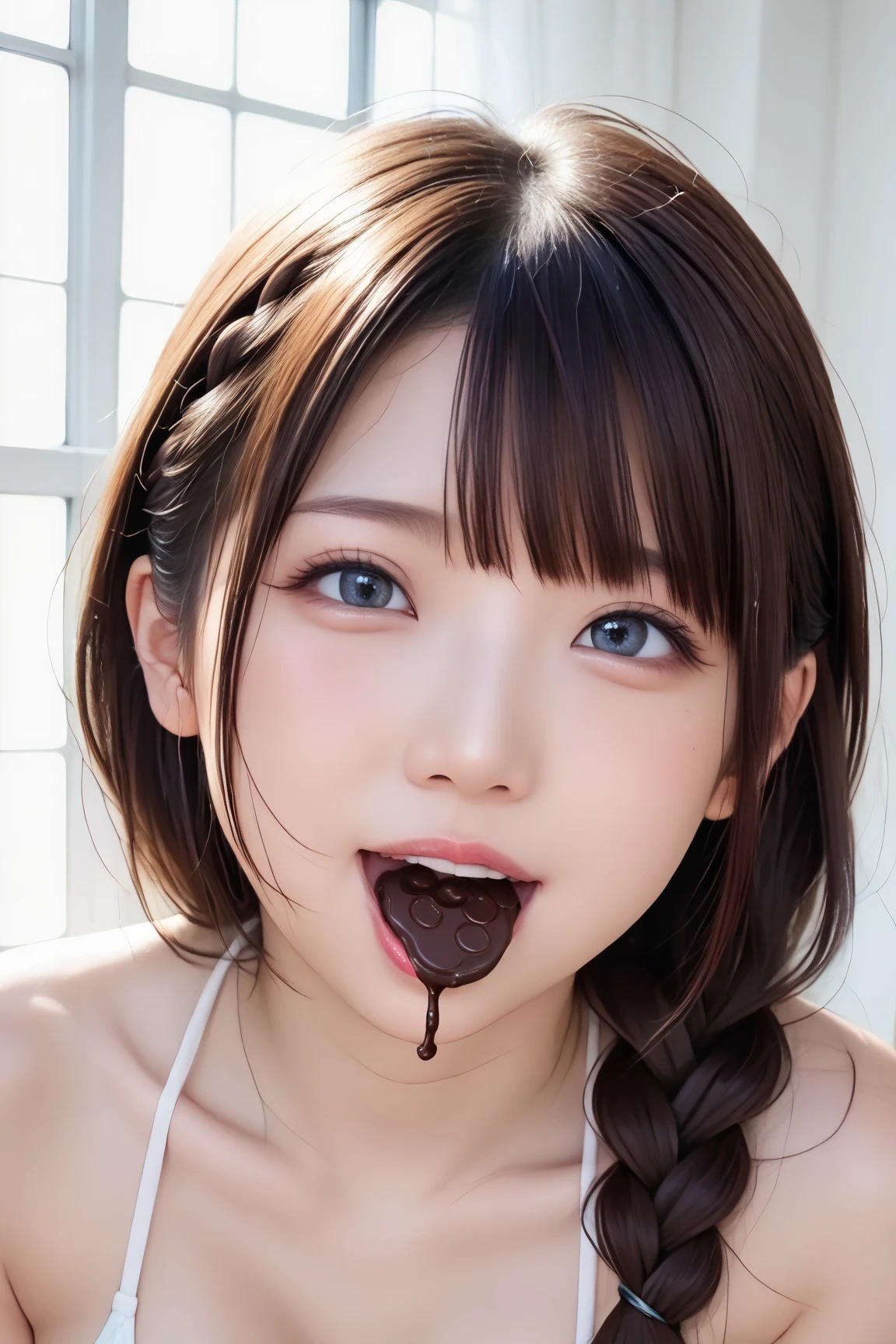 triangle-bikini,(open mouth:1.5),(tongue out:2),Kneeling,Hands between legs,Collar with leash,leash pull,front view,face focus,from above(1girl,Beautiful 14 year old girl,teenager),((Slender,Small breasts,Small face,)),(looking at viewer),Black Hair,bangs,Poolside