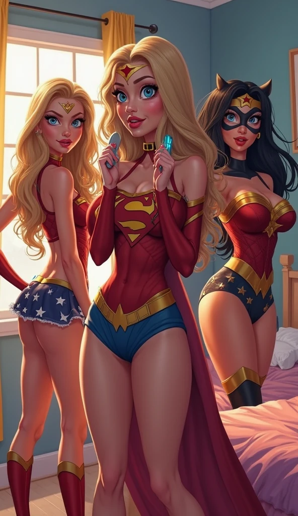 ((Full body photo, standing, feet on the ground)) score_9, score_8_up, score_7_up, score_6_up, 3girls, {{{harley quinn (colored hair, harley quinn hair, fishnet tights, back to supergirl, gladiator sandals above the knees, fishnet tights, dominatrix, red and black, navel :1.1 )}}}, [[[Wonder Woman (bracelets, collar, handcuffs, black hair, tiara, Supergirl back, thigh-high gladiator sandal boots ,Corsets, Wonder Woman cospley, fishnet tights, corsets, navel: 1.1)}}} and "Supergirl (blonde hair, red and gold corsets, gladiator sandals above the knees, level: 1.3)", lovers, in love, lying down on the floor kissing, groping, (cinematic lighting: 1.2)
