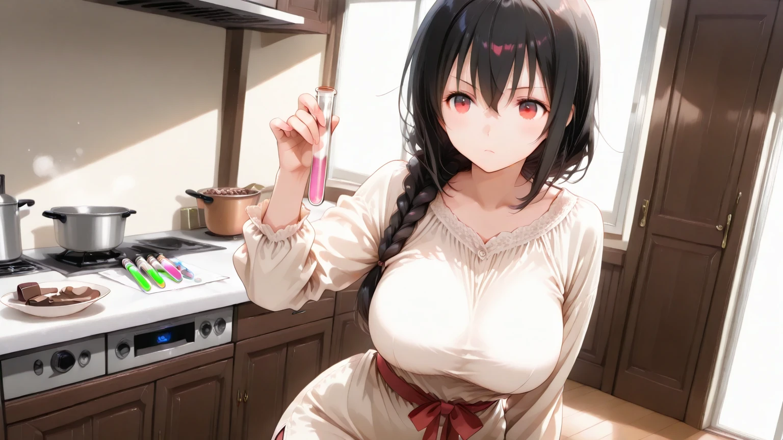 (Best Quality, Masterpiece), 1girl,,yor briar, black hair, red eyes, earrings, white hairband, hairband, long hair, sidelocks, exposed breasts, nsfw, heartwarming smile,, cooking a meal ,1girl,solo,topless, big tits,nipples,tits out, exposed breasts, exposed boobs:1.4, solo