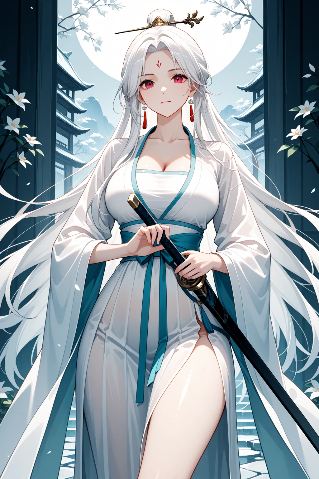 NSFW, obra-prima, melhor qualidade, ultra-detalhado, semi-realista, detailedfacialfeatures, 2woman,usando roupas velha traje imperatriz wuxia chinesa,cabelos carmesim compridos , olhos negros,voluptuosa,sensual e sexy,muito bonita,grandes mamas quase sendo exibida,corpo perfeito, holding long combat spear,standing on her feet