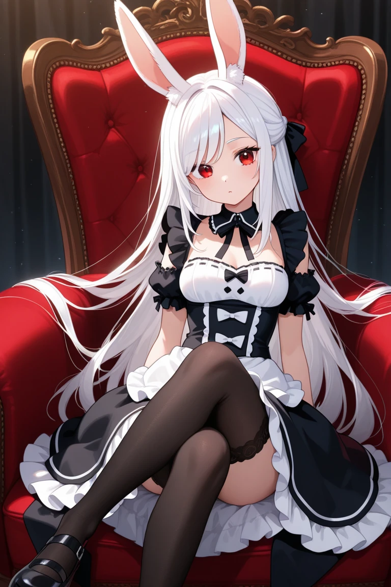 ((Masterpiece, Best quality))++, Detailed light+,  Detail hair+, detail hand+ ,1girll, woman, Long hair,   dark red eye,  Beautiful eyes, Young gray hair,,(Beautiful white hair:1.5),(Beautiful detailed eyes), ,    high resolution+,   Masterpiece,  , Glass tones, Reflective eyes,  {{Angle}} , extremelydetailedwallpaper, Original,full bodyesbian,Bedrooms,upper legs, starrysky,Issuing，Black thigh boots，Black lace-up boots，Gothic_Lolita，Normal legs，The reveal panties，The edges of the boots are noticeably different，Leg correction，beret，Sit in a chair