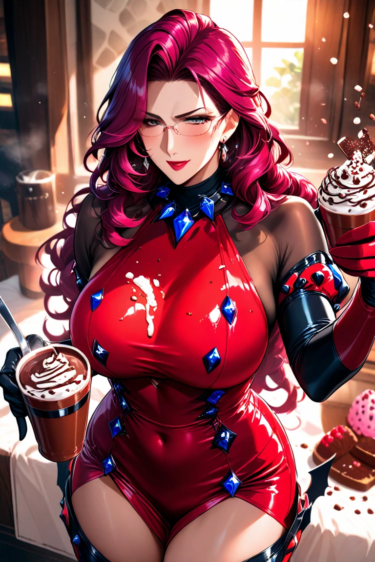 A red haired woman with red eyes with an hourglass figure in a cute one piece swimsuit is licking ice cream with a blush