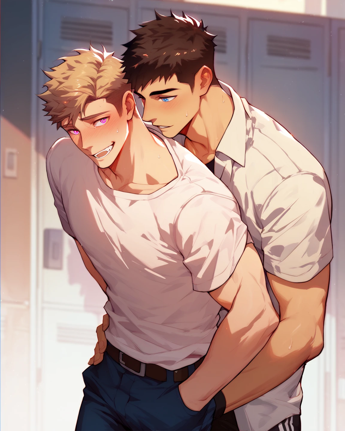 best quality, masterpiece, nerdy young man with blond hair wearing glasses, blushing, drooling, bites lip, body pressed against glass window, ,  , with a fat old man, grab breast, grab hair, , projectile , looking directly at each other, sexy, gay, homoerotic, in dark office, at night, ambient lighting, extremely dramatic shadows, front view, perfection, no watermark, no logo, no signature