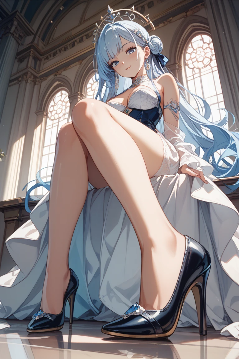 best quality, 8k , super fine illustration, extremely detailed CG ,masterpiece,
beautiful anime style woman ,25 years old
Smile, blush, medium breasts, Semi-long hair、Blue Hair、(Ice Queen:1.5),Chair、豪華なChair、Sitting with legs crossed、Off-the-shoulder dress、gloves、Black costume、indoor、Audience Chamber、Ice Building Cowboy Shot ,
telephoto lens, 
 slow shutter speed
,,
(pure color scene),
(best shadow),
,,
(natural light),
,,
(natural reflection),