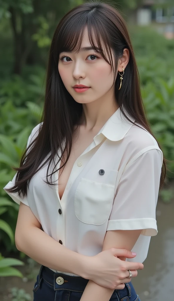 ((Best quality, 8k, Masterpiece :1.3)), Sharp focus :1.2, A pretty woman with perfect figure :1.4, Slender abs :1.2, ((Layered haircut, Big breasts :1.2)), (Wet white button up long shirt :1.1), (Rain, Street:1.2), Wet body :1.5, Highly detailed face and skin texture, Detailed eyes, Double eyelid