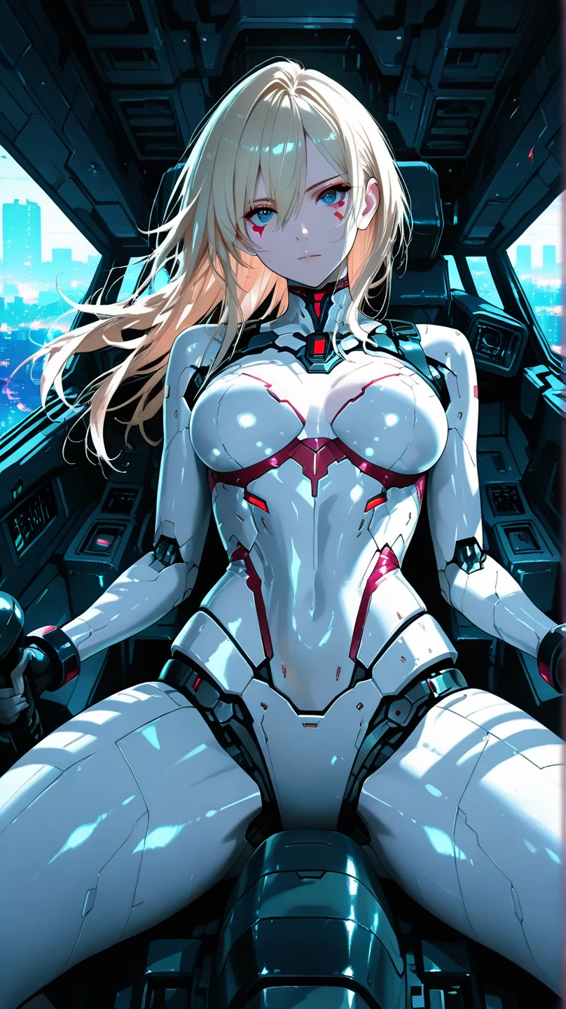 female, skinny, narrow waist, breasts, wavy blonde hair, red eyes, mechanical body, robot body, mechanical joints, robot, mechanical girl, huge breasts, perfect thighs, sitting, garage, white highleg leotard, cowboy shot, masterpiece, plastic skin, pale