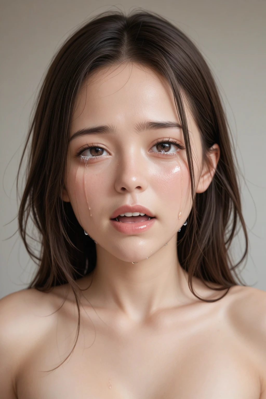 (table top、highest quality、8k、Award-winning work、ultra high resolution)、one beautiful woman、(soaking wet nude:1.1)、(soaking brown:1.2)、(soaking wet hair:1.2)、(Perfect and classy wet long hair:1.1)、(Drenched and shiny hair:1.2)、(the wettest skin:1.2)、(Super high-definition fine real water splashes:1.2)、(完璧で最も自然なultra high resolutionの水しぶき:1.2)、bright and glossy lipstick、Very long wavy hair、(The saddest expression stares at me:1.2)、(The most beautiful face is reproduced in ultra-high definition with perfect balance.:1.2)、slender body、(wet and shiny skin:1.2)、(Woman wetting her whole body:1.2)、(close up of face:1.6)、(The simplest bathroom tile wall background:1.1)、standing on tile wall background、(Strongly blurred background:1.1)、accurate anatomy、ultra high definition hair、(closed lips:1.2)、Ultra high definition beauty face、ultra high definition hair、輝くultra high resolutionの美肌、ultra high resolutionの艶やかな唇、(Face covered with a large amount of semen:1.6)