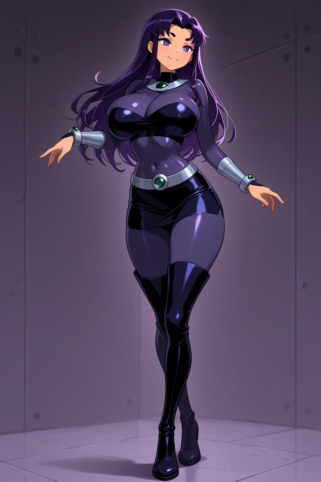 (solo:1.1),(masterpiece), (best quality:1.3), ultra detailed, intricate, professional art, digital art, absurdres, shadraven, (Full body view:1.1), 1girl, solo, (grey skin:1.4), dark purple hair, bob hair, purple eyes, hips wider than shoulders, pear shaped body, jewellery, detailed thighs, thick thighs, red jewel in forehead, jewels, (long sleeved turtleneck leotard:1.3), cuffs, small breasts, shadraven dark purple cloak, Shadraven broach, Shadraven jewel belt, Shadraven wearing a long sleeved leotard posing outside at night, long legs, ( crotch bulge:1.4), large penis, large testicles, erection under clothes, ,side angle view, looking at viewer, bubble butt , gluteal crease, universal lighting,,