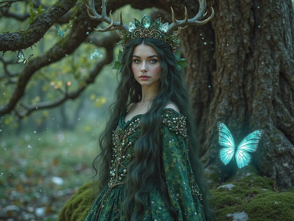 <lora:FaeTastic:0.3> (Zoomed out, full body, far shot, feet visible:1.3) photo of a smirking 26 year old beautiful (California elf woman with Hazel eyes and pale skin:1.3), Pixie Cut straight (black hair:1.3). She is young, slender with (medium breasts:1.3), (small antlers:1.5), (small symmetric nose:1.3), big beautiful eyes, full lips, Full eyebrows, (perfect teeth), (perfect hands), glossy lips, eyeliner, eyeshadow. She is wearing (brown woven dress, choker, and stockings:1.3), (leaf and flower crown). She is sitting on a rock, legs crossed in a (magical enchanted:1.3) meadow, moss and flowers in the background. (Magical fae fantasy style:1.5). Outside, afternoon, overcast, cinematic lighting, vibrant colors, detailed skin texture, detailed cloth texture, beautiful detailed face, intricate sharp details, ultra high res.