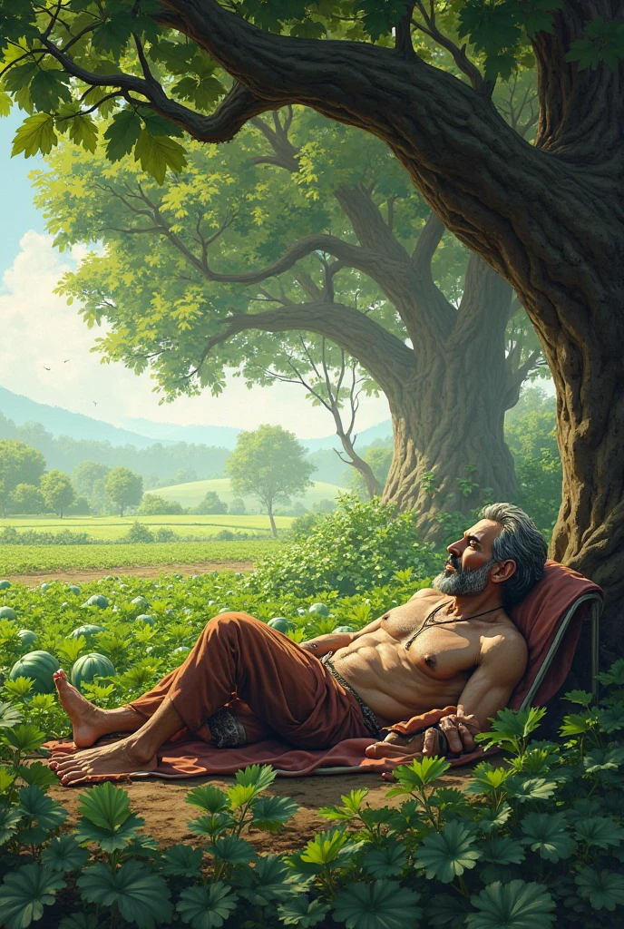 A man was lying under a banyan tree guarding a watermelon garden