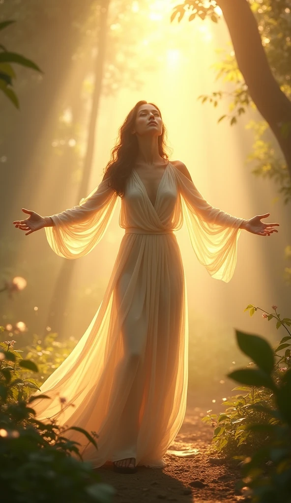 upper body close-up, stunning lady, simple toga, pale skin. flying over the river, arms outstretched, garden of eden, tree of life, a lot of vegetation, flowers, bushes, rivers, rocks, leaves, sunny, rays of light passing through the leaves of the trees, , 4k photography. fujifilm