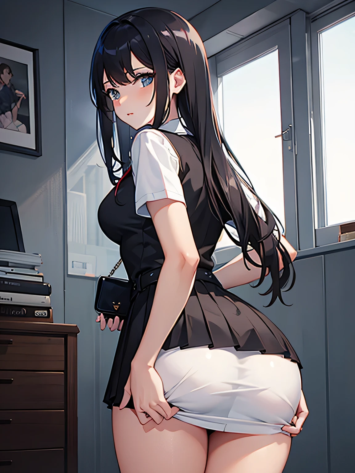 hmjy1, long hair, blunt bangs, red eyes, school uniform, red jacket, black pantyhose, white shirt, black ribbon, pleated skirt, long sleeves, beautiful illustration、topquality, Show white panties, big hips, big ass, tetas grandes, Milf, naked ass