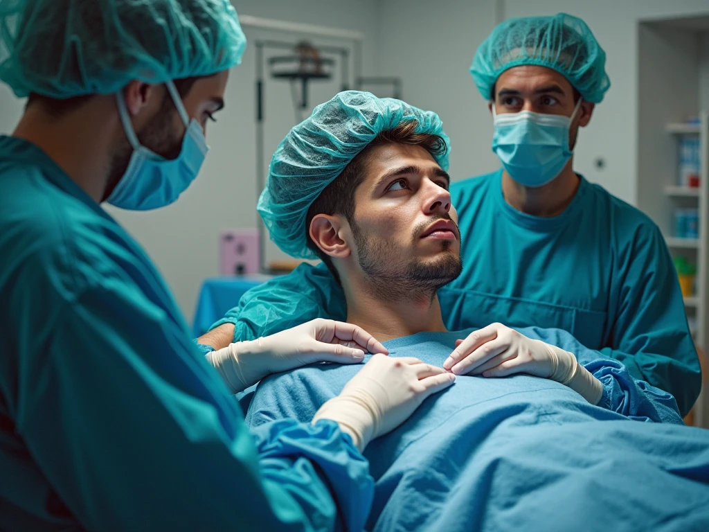 Shirtless 20 year old man lying on operating table. Unconscious. Wearing oxygen mask