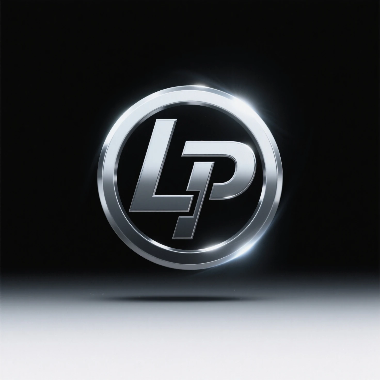 logo with a completely black background, the logo should be circular and contain the letter "L" and the letter "P", the logo should be metallic and with distant glow effects.