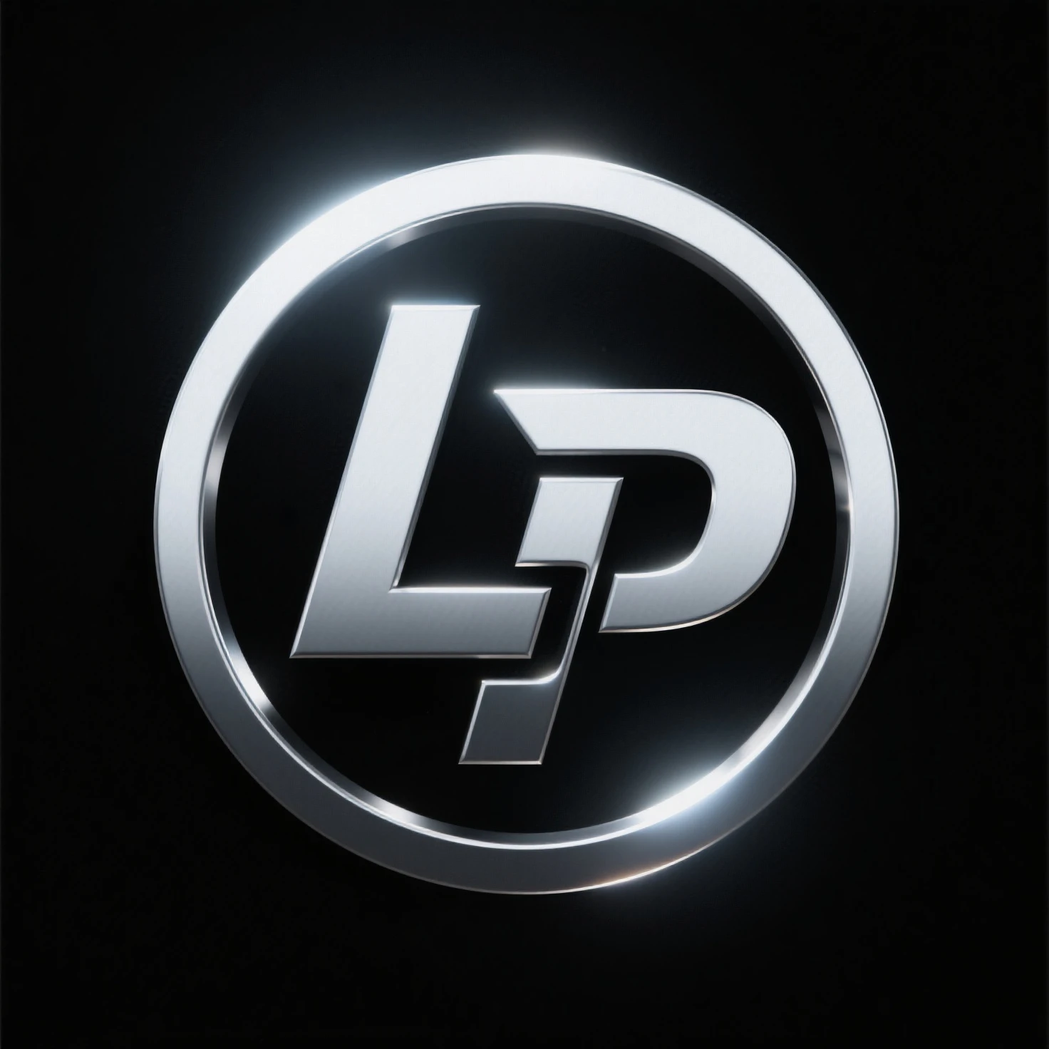 logo with a completely black background, the logo should be circular and contain the letter "L" and the letter "P", the logo should be metallic and with distant glow effects.