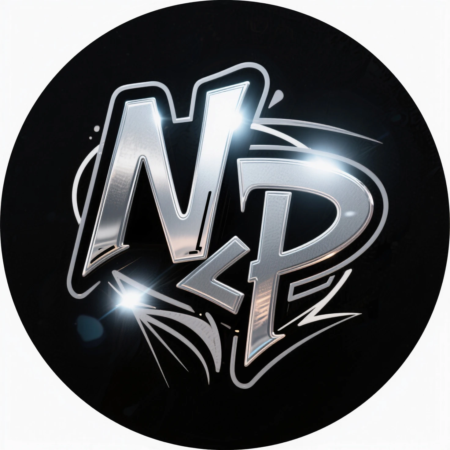 logo with a completely black background, the logo should be circular and contain the letter "L" and the letter "P", the logo should be metallic and with distant glow effects.