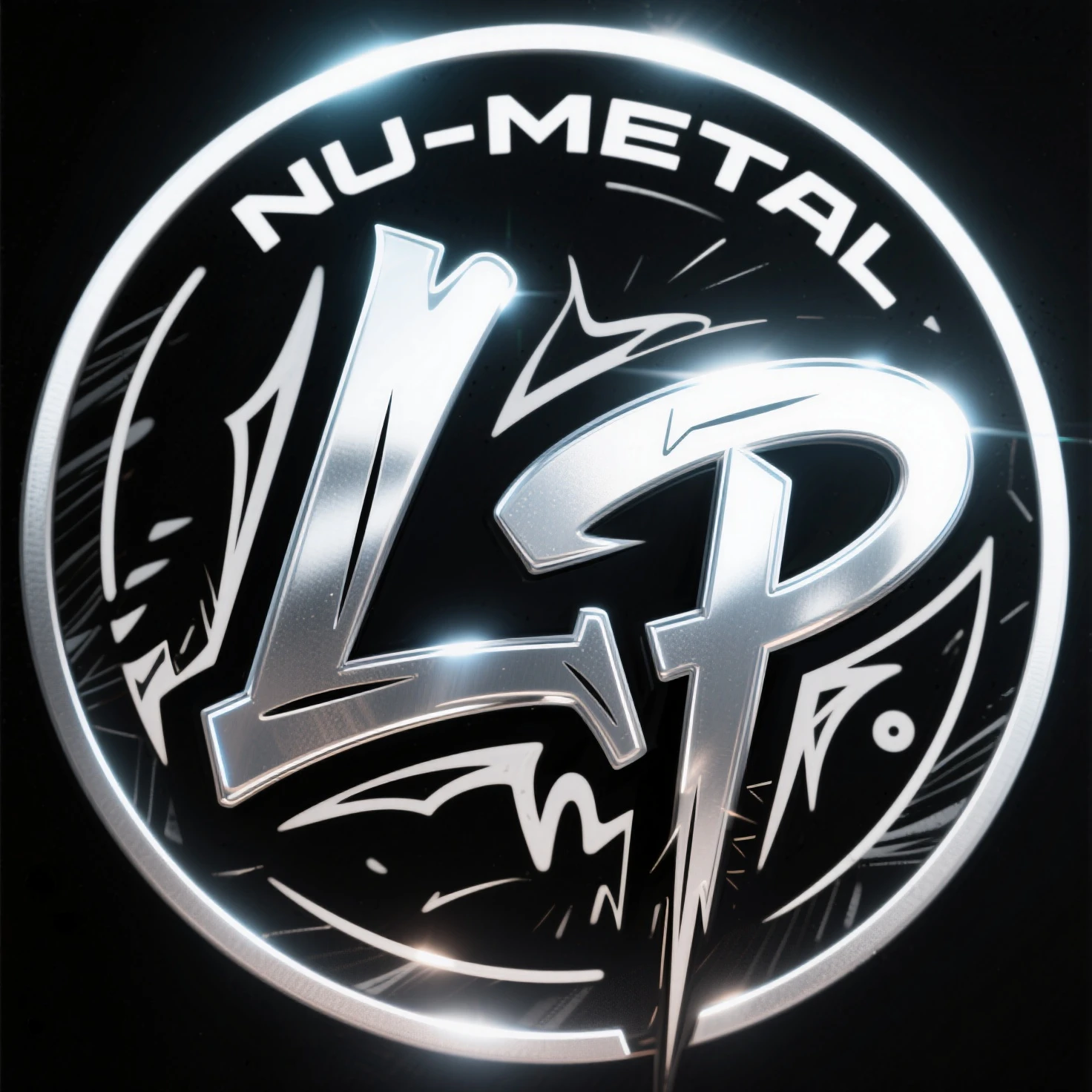 logo with a completely black background, the logo should be circular and contain the letter "L" and the letter "P", the logo should be metallic and with distant glow effects.