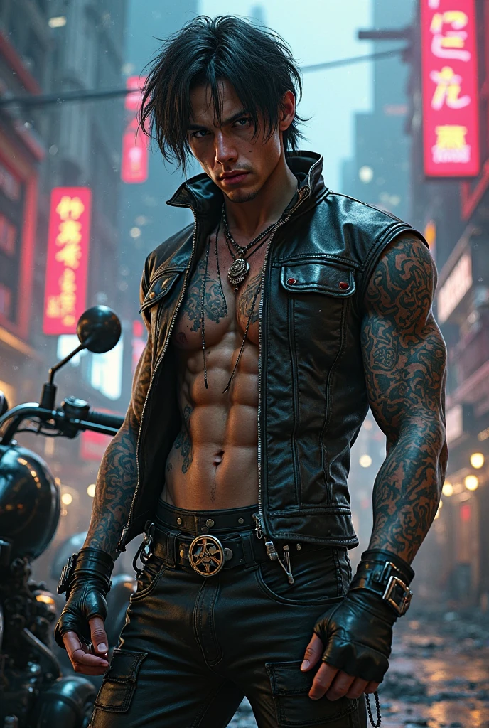 a painting of a Johnny Depp, background, style Cyberpunk 2077, band of gold round his breasts
