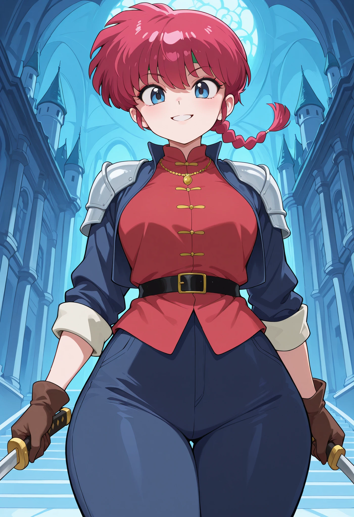safe_pos, Ranma Saotome. red hair. pigtail. blue eyes. braid. small . huge . necklace. black eyeliner. pink manicure. | anptzisksk, solo, looking at viewer, smile, castle background,gloves, solo, jacket, weapon, belt, pants, holding weapon, armor, grin, headband, jacket, circlet, ballroom scene,