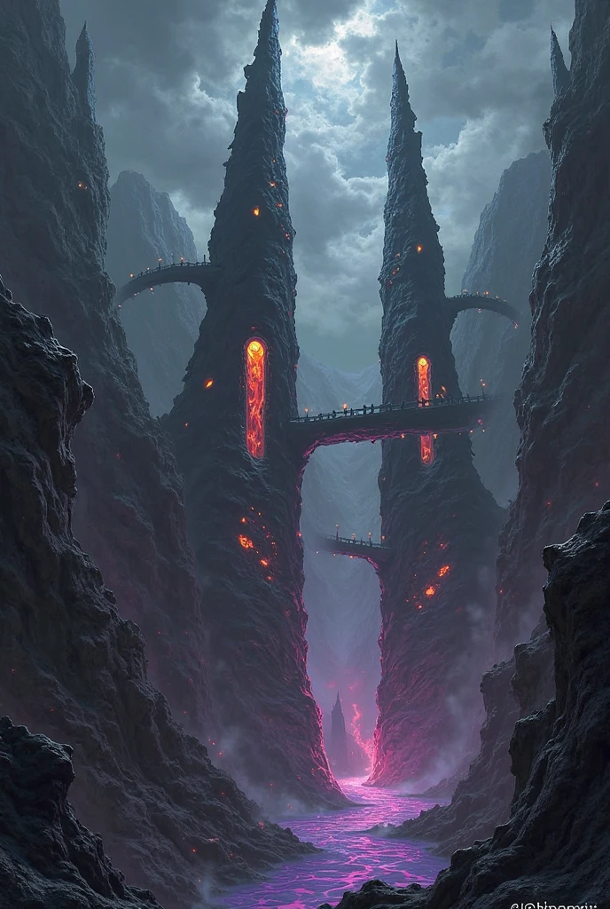 # Skyrend Spires - AI Art Description

Jagged obsidian towers pierce the perpetual darkness like colossal thorns, their razor-sharp peaks tearing through the very fabric of the Primal Dark plane. The Skyrend Spires rise in impossible angles, defying natural architecture as they spiral upward into the void, their surfaces gleaming with veins of Blackfyre—the necrotic pseudo-flame that burns with both fire and death.

Each spire is crowned with crystalline formations that crackle with dark energy, sending arcs of shadow-lightning between the towers. The structures twist and curve in ways that hurt to perceive, their geometry belonging more to nightmare than physics. Bridges of bone and blackened metal span the gaps between spires, suspended over an abyss that drinks in the plane's eternal darkness.

The bases of the towers emerge from pools of liquid shadow that ripple without wind. Blackfyre burns in carved alcoves along the spire walls—flames that dance with necrotic fire colored black, red, and deep purple all at once, radiating death instead of warmth, consuming light rather than creating it. The pseudo-flames flicker with an otherworldly hunger.

Windows carved like screaming mouths dot the towers at irregular intervals, their openings revealing chambers within where more Blackfyre burns with its dual nature of fire and necromancy. The highest spires disappear into the roiling darkness above, their peaks lost in the Primal Dark's eternal night. The very plane seems to bend around these monoliths, reality warping where stone and shadow merge into monuments of beautiful terror.