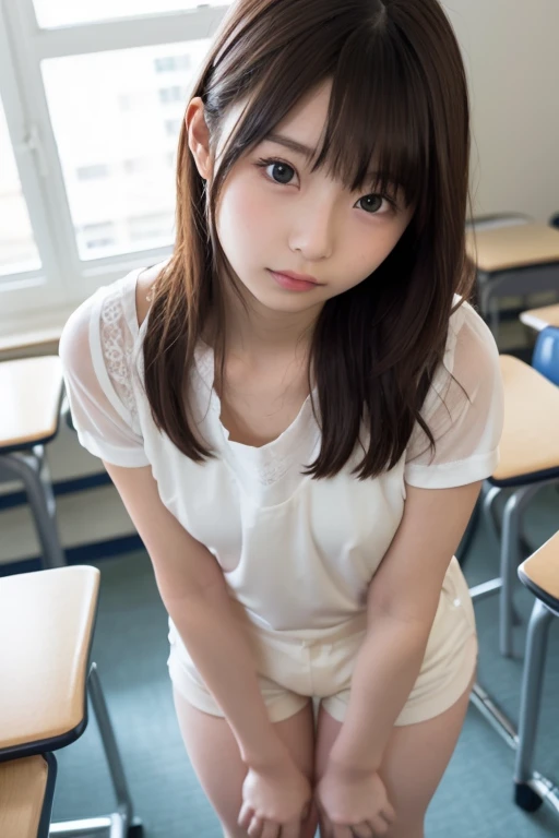 Face the front of your body at the camera:1.8, Composition looking up from below:1.8, (((Dressing:1.8))), The upper body is reliably dressed:1.8, pantie shot:1.8, (((School Uniforms:1.8, Cardigan:1.5, Pleated mini-skirt:1.8, white panties:1.5))), Panties look bright and clear:1.3, espadrilles, Dress reliably:1.8, Classroom:1.8, Squat with your knees bent:1.8, Show off panties:1.5, Dressing:1.8, Smiling smile:1.3, 1girl in, 独奏, 18year old, 7headed body, Ideal ratio body proportions, erectile nipple, short-hair, A dark-haired, With bangs, small tits, A slender, Small buttocks, beauty legs, Skinny Legs, surrealism, Cinematic lighting, depth of fields, One-person viewpoint, F/1.8, 135 mm, nffsw, masutepiece, ccurate, ((Anatomically correct:1.3)), Textured skin, Super Detail, high details, High quality, awardwinning, Best Quality, hight resolution, 8K
