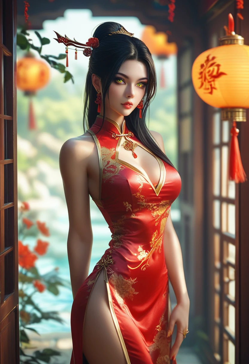 (RAW photo, best quality), Cute girl with short black hair, (ponytail), (city roof at night background), low light , dark eyeliner, happy smile, gorgeous face , super cute, 18 years old , young looking, hyper detailed face, dark eyeliner, (medium breast), (thin waist, super slender), (bare shoulders, (exposed hips), skintight and red PVC qipao china dress with yellow dragon decoration and vivid patterns, deep black leather thigh high boots, red PVC arm sleeves with yellow flower decorations and vivid patterns, cleavage, ((both hands on waist)), one leg in front of the other, (((small navel tease)))