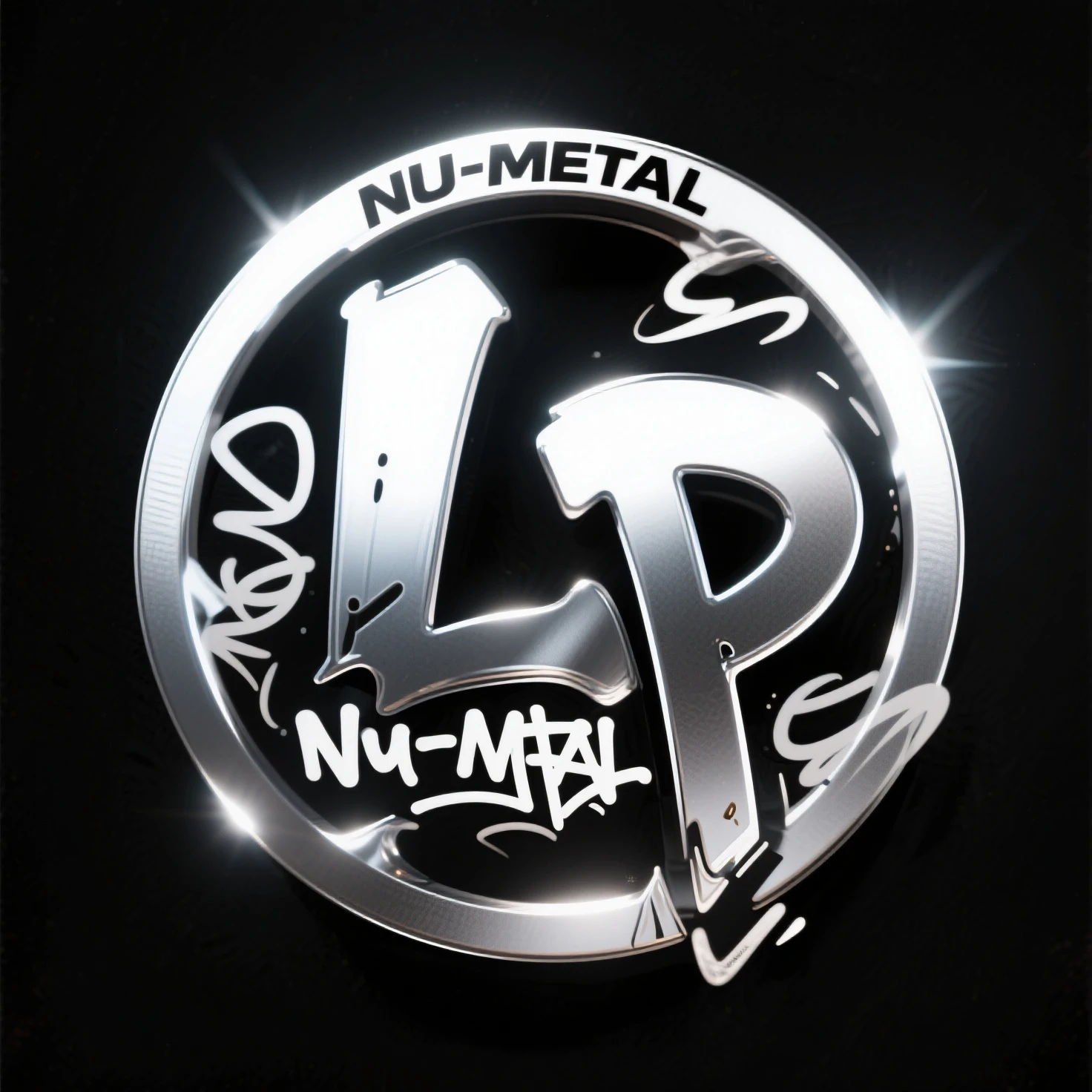 logo with a completely black background, the logo should be circular and contain the letter "L" and the letter "P", the logo should be metallic and with distant glow effects.