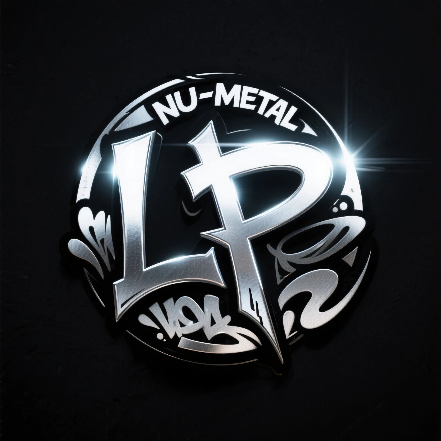 logo with a completely black background, the logo should be circular and contain the letter "L" and the letter "P", the logo should be metallic and with distant glow effects.