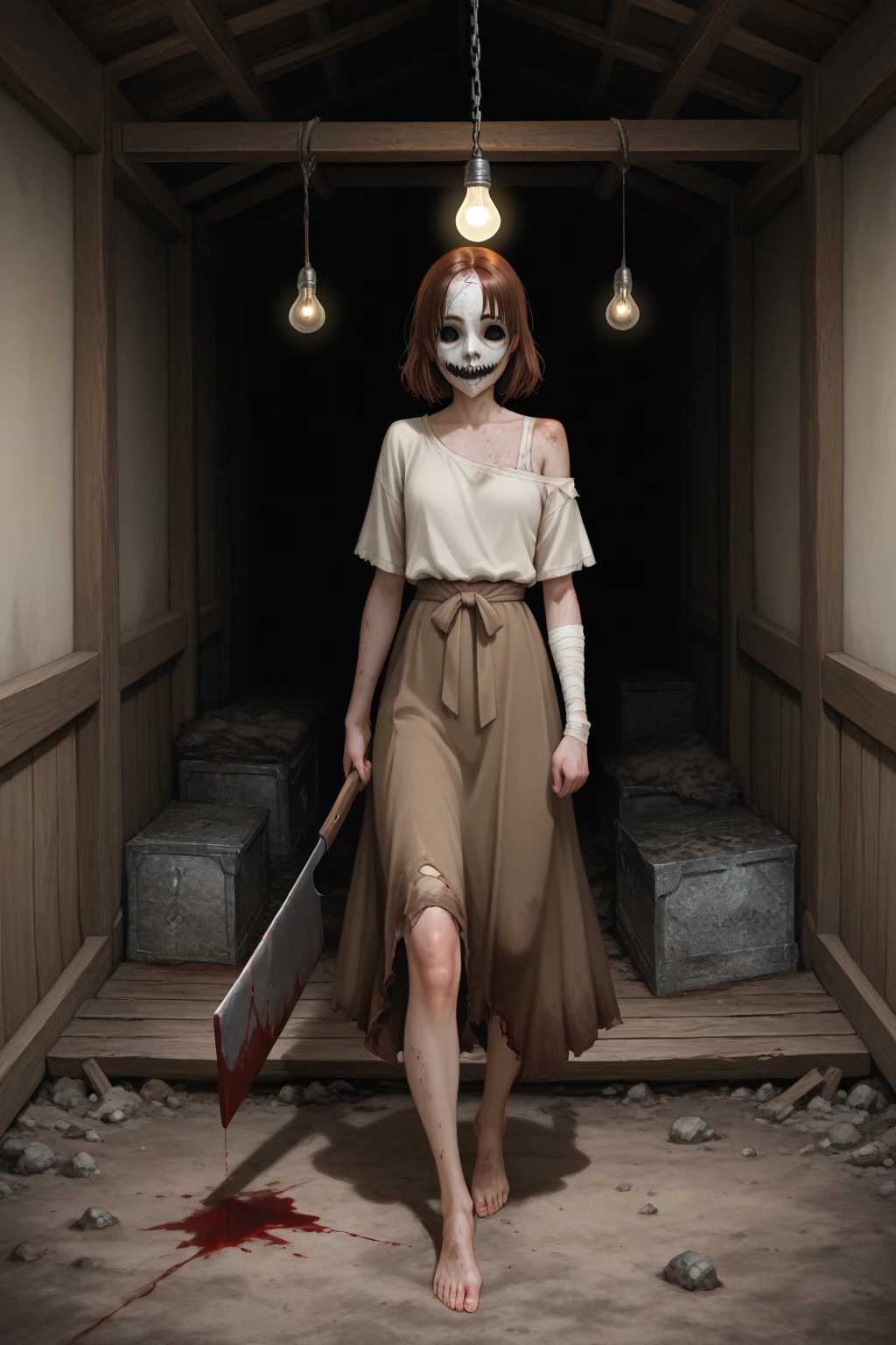 ((best quality)), ((masterpiece)), Shelley_Duvall,  <lora:Shelley_Duvall:1>, evil smile, evil aura, holding a knife