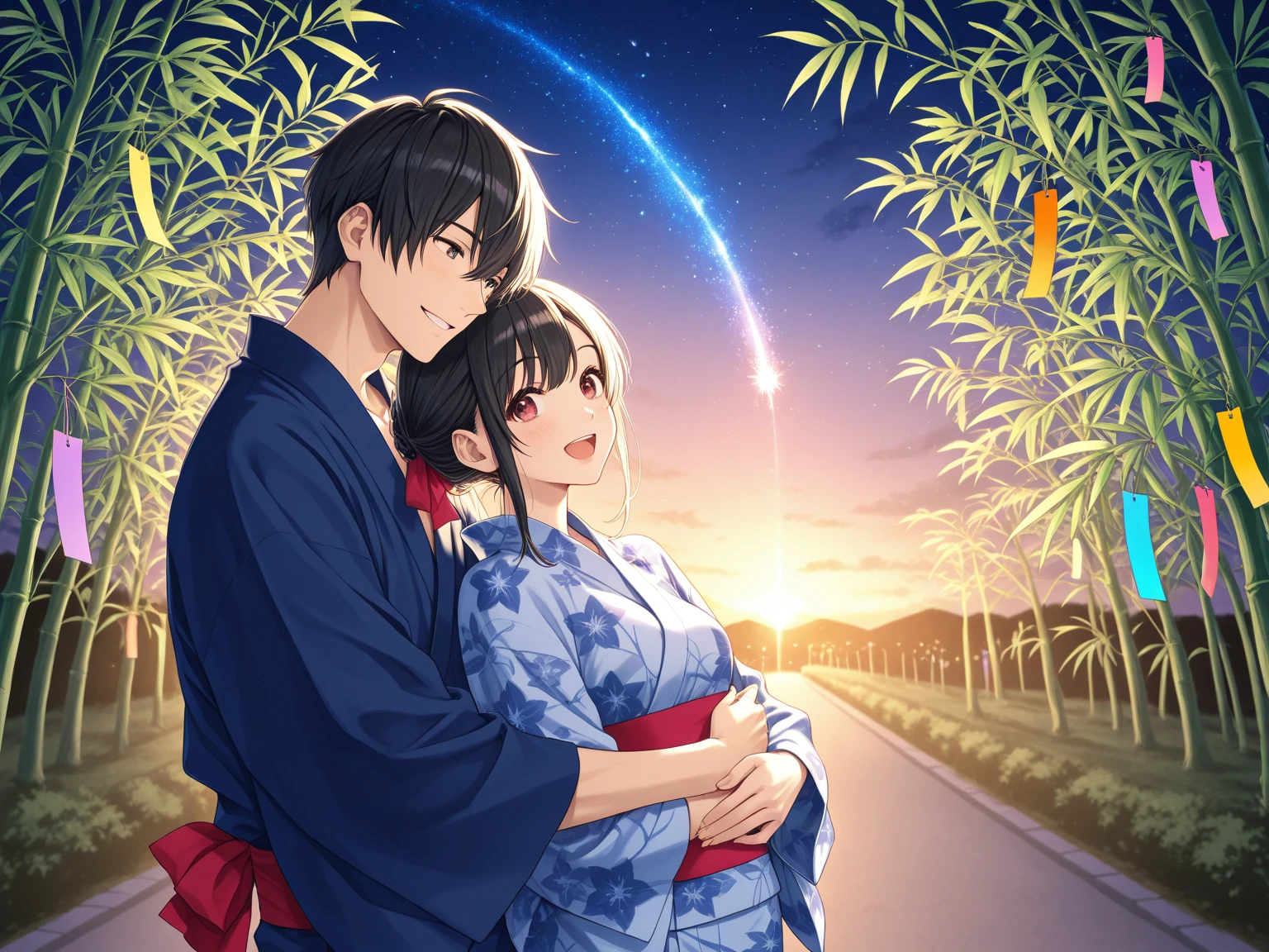Tanabata Night, Leaf Forest, Men and women wearing kimono, Holding hands and looking up at the sky, Milky Way in the sky