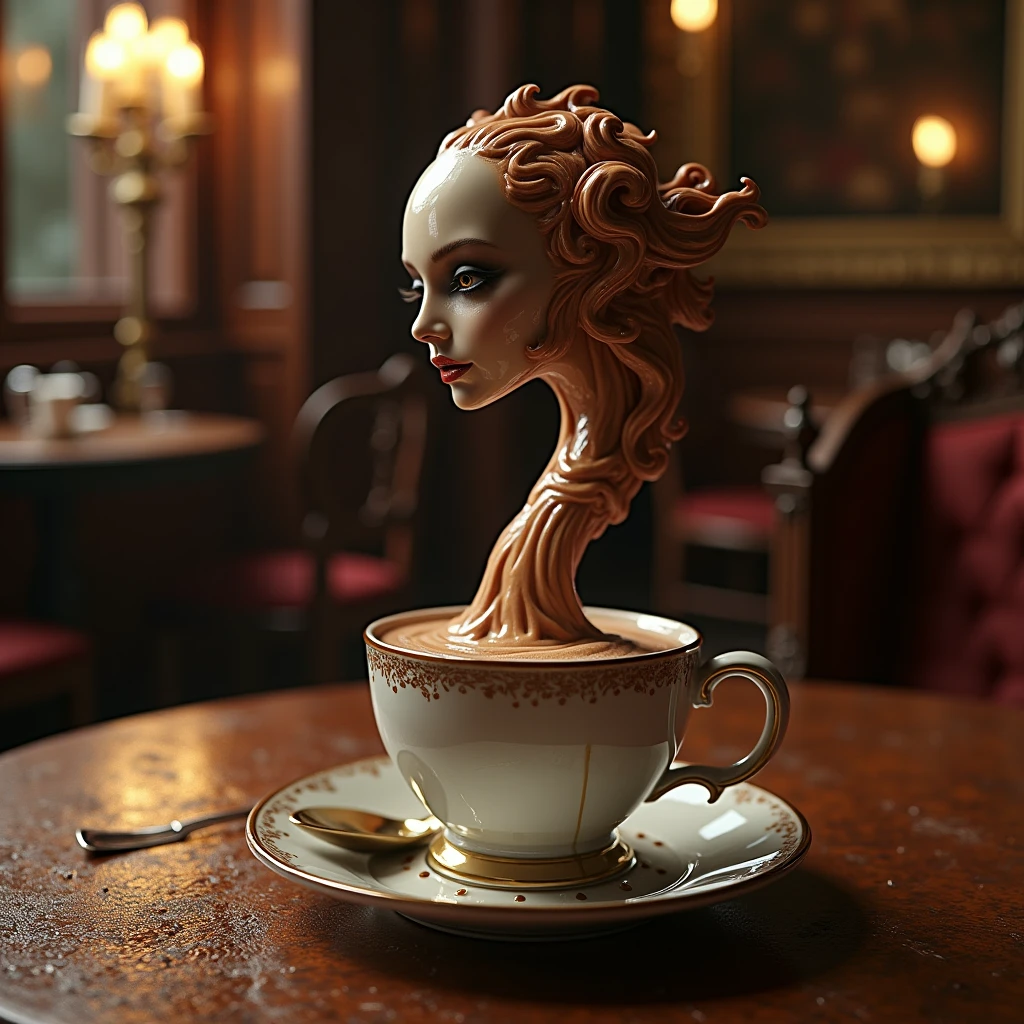 An artistic and cinematic photograph of a highly detailed ceramic coffee mug with gold lining holding a latte with latte art. From the latte art,  beautifull ladies made of a mixture of brown and white creamer swirl around each other, . Large swirling splashes of cream and coffee fly off of them, with the light creating reflections on the ladies and the coffee. The scene is set in a modern-day coffee shop with patrons, showcasing a masterpiece with award-winning, ultra-detailed maximalism, warm color tones, sharp lines, deep blacks, distinct shadowing, unique textures, and cinematic chiaroscuro lighting. Rendered with octane renderer or vray, suitable for behance and artstation.
