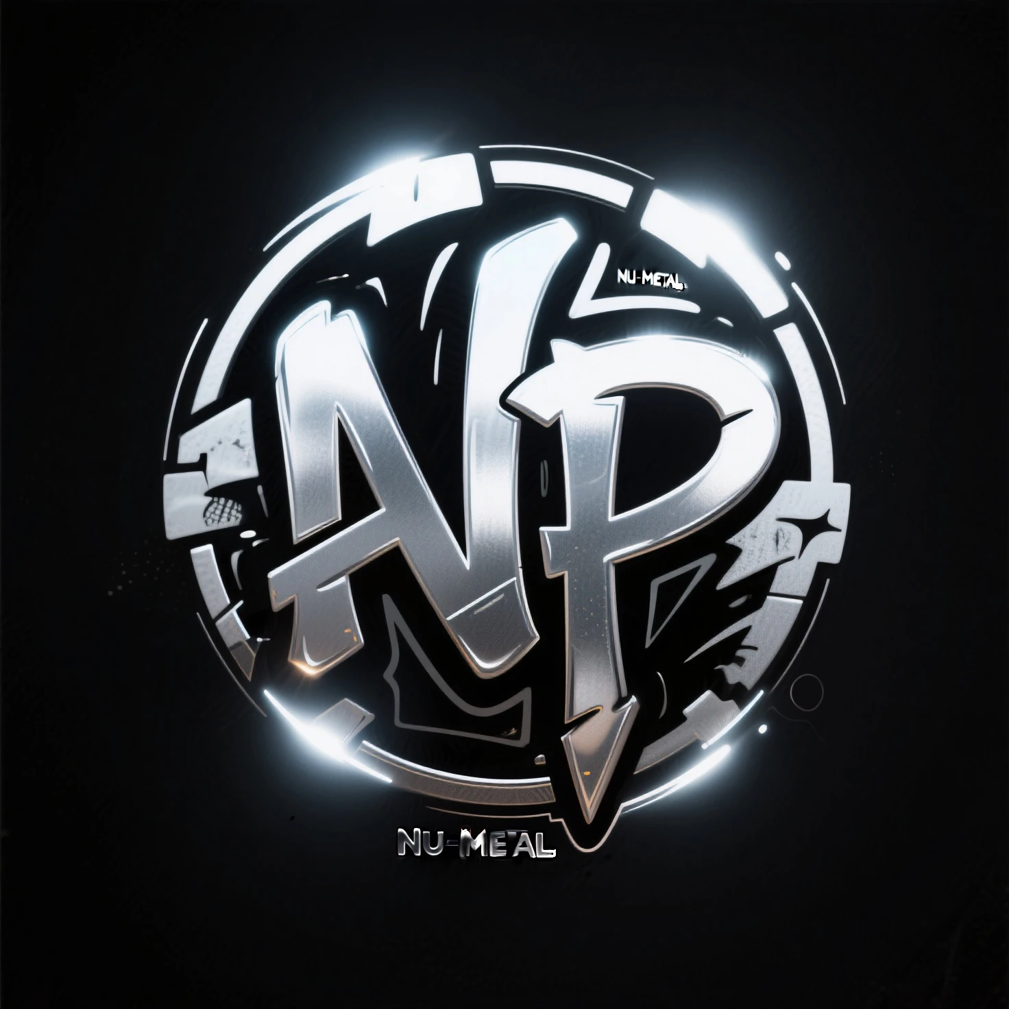 logo with a completely black background, the logo should be circular and contain the letter "L" and the letter "P", the logo should be metallic and with distant glow effects.