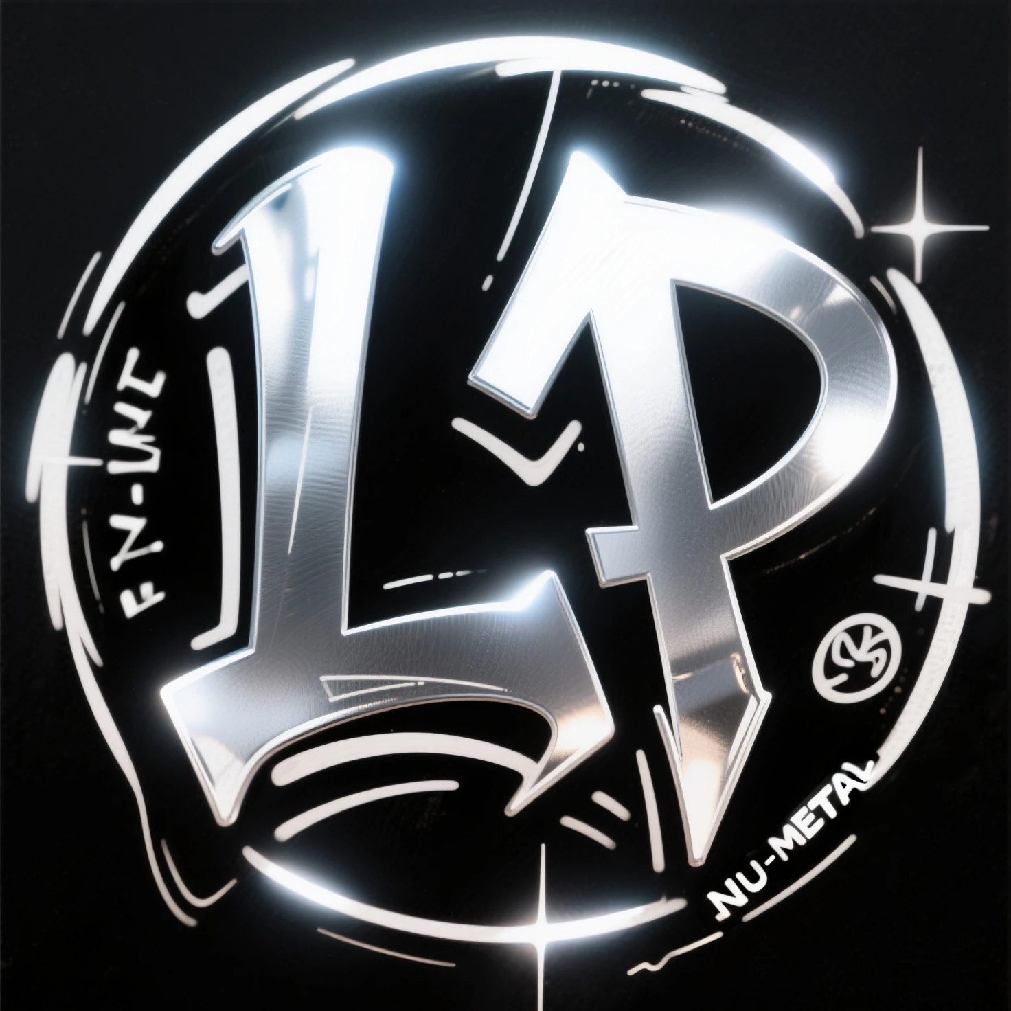 logo with a completely black background, the logo should be circular and contain the letter "L" and the letter "P", the logo should be metallic and with distant glow effects.