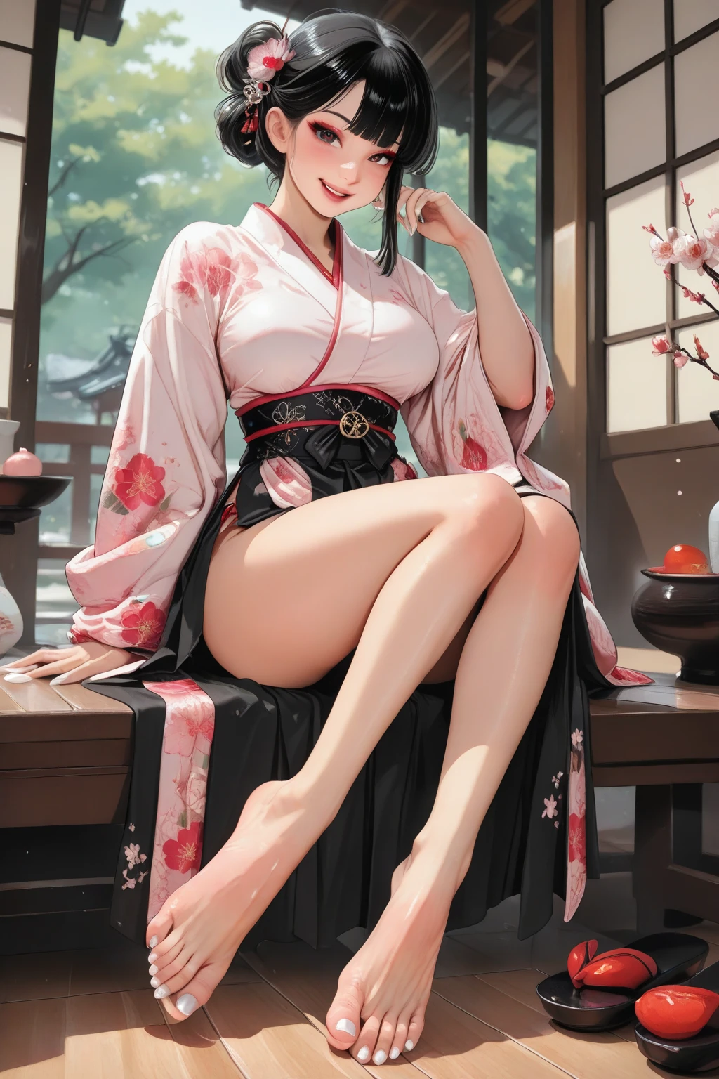 (masterpiece、highest quality)、(Photorealistic:1.4)、 Mature Woman,  Beautiful thighs、Front view、1 girl、30 years old、Perfect Face、Symmetrical cute face、(Bun Hair、Black Hair)、Big eyes、Long eyelashes、((tall、The chest is open))、Beautiful Hair、Beautiful Face、Beautiful and beautiful eyes、Perfect Proportions、Beautiful breasts、Beautiful feet、Beautiful fingers、((High quality fabric、floral pattern cheongsam、Skirt flip))、(To the hospital)、Are standing、 (smile),  (((Skirt lift with both hands、panties are visible)))