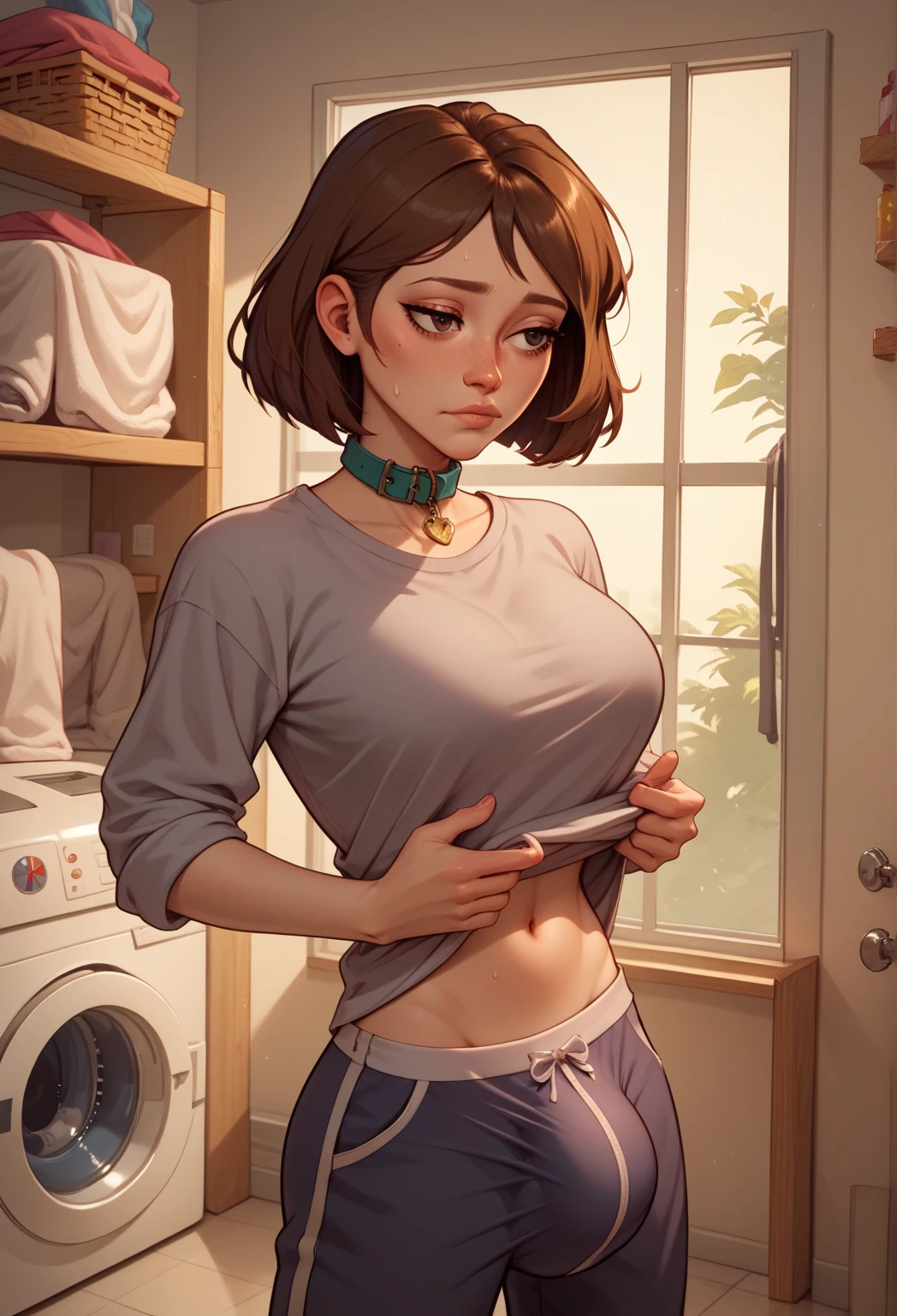 score_9, score_8_up, score_7_up, score_6_up BREAK solo,cowboy shot,laundry room,futa,mari Stetagaya,huge huge bulge,penis shaped bulge,short hair,brown hair,laundry basket,washing machine,dirty clothes,sweatpants,midriff,bored,leaning,chin rest,bent over,window,hand touching bulge,