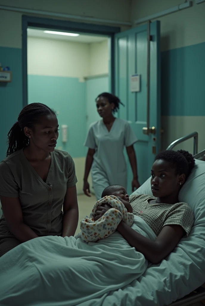 Generate image of African Igbo maternity as an igbo shouting for help running from behind chasing after an igbo nurse running away with a child in a basket at the hospital corridor with other nurses standing surprised