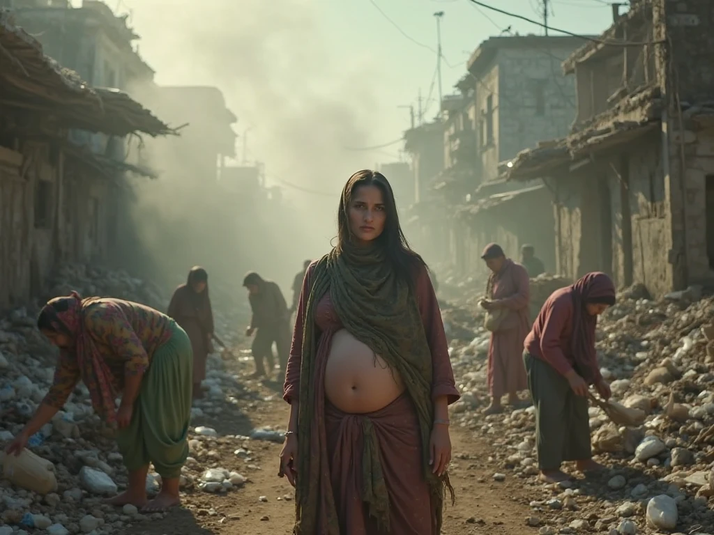 A pregnant Bangladeshi Muslim woman is submerged in water up to her waist, surrounded by the floating bodies of children, youths, elderly people, and women. Houses, livestock, and birds are also floating in the water.