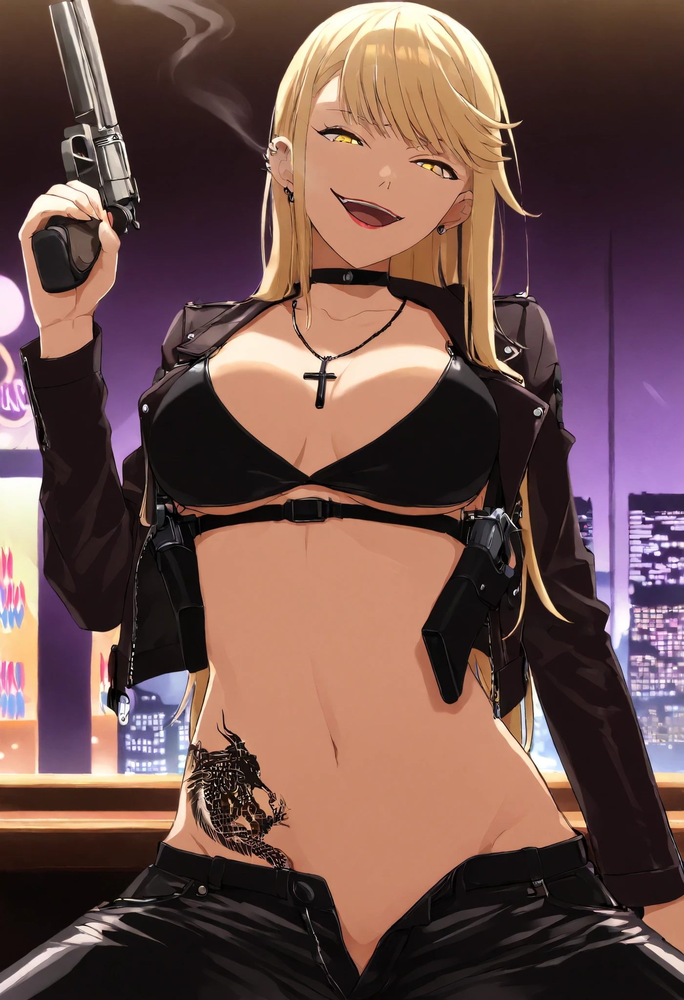 aaluis, long hair, facial mark, mole under mouth, breast tattoo, black gloves, blush, lipstick, outdoors, rooftop, cityscape, building, railing, night, night sky, scenery, city lights, fur trim, mature female, gloves, fur-trimmed coat, masterpiece, best quality, highly detailed, a girls with a gun, evil smile , open mouth, sexy gaze, badass pose , evil smile, smile, guns blazing, anime girl with long hair, beautiful long haired girl, navel, evil expression, exposed belly, exposed navel, exposed midriff, exposed lower belly, long black pants, crop top, cleavage, unbuttoned leather pants ,open fly, low rise black leather pants, leather jacket, holding a gun, navel piercing