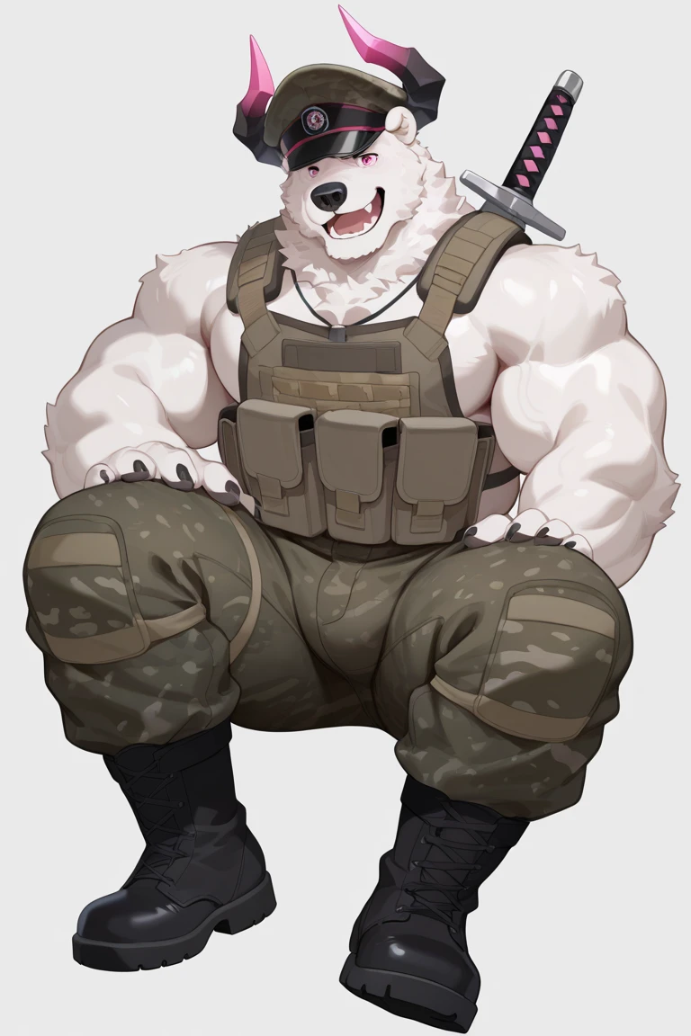 New Jersey 5 Hairy,polar bear,Full body portrait of an individual,exquisite, chubby,Fat,thick arms,Rugged muscles,Naked from the waist down,White plush fur,chubby脸,brown eyebrows,sky blue eyes,beard,Soaked shorts,sweating,front,canteen,sitting,Smile